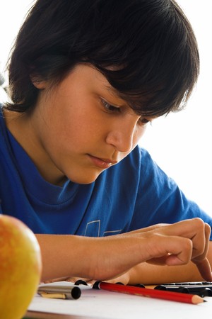 Boy using a calculator for his homeworkの写真素材