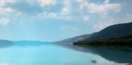 The lake Sainte Croix at the end of the Gorge du Verdon river in Provence, Franceの写真素材