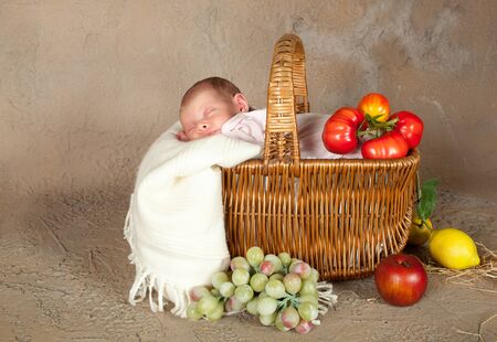 Shopping basket with a sleeping little baby of 18 days oldの写真素材