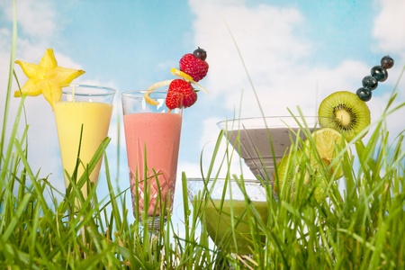 Colorful fruit smoothies standing in green grassの写真素材