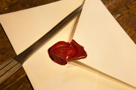 Confidential envelope with a broken red wax seal