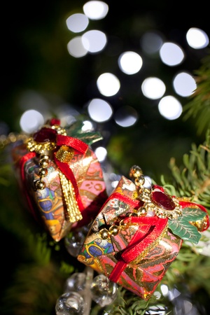 Colorful miniature gifts as christmas tree decorationsの写真素材