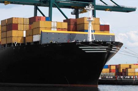 Closeup of a huge container ship in the port of Antwerp