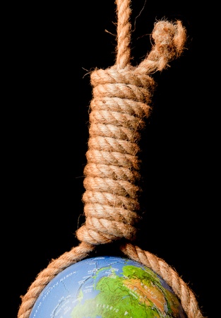 Globe or earth hanging in a noose committing suicideの写真素材