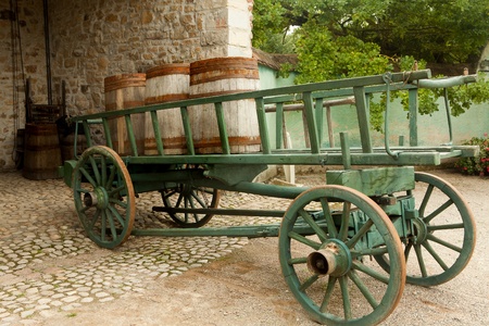Wine barrels on a cart in the eco museum of Ungersheim, Alsace, Franceの写真素材