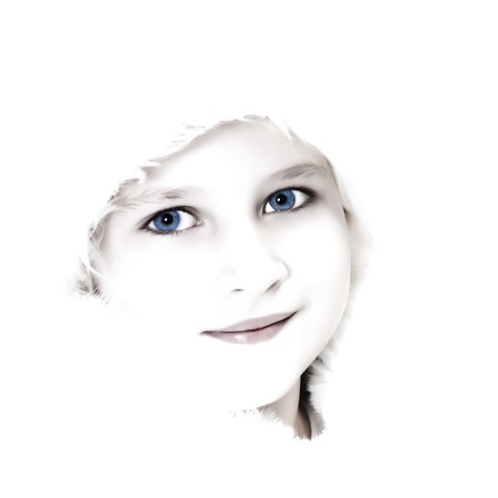 High key portrait of a beautiful little girl in winter fur hatの写真素材