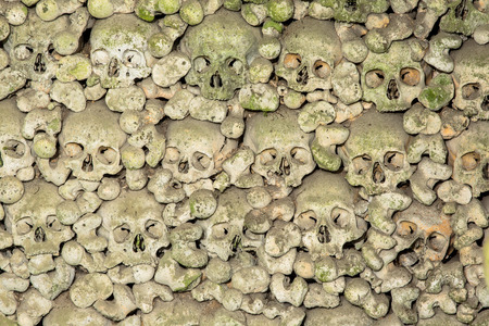 Fullframe view inside the ossuary of Marville, France, with thousands of ancient skulls of 19th century and olderの写真素材