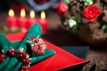 Christmas dinner table with elegant napkins in red and green