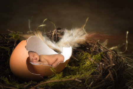 Tiny african baby sleeping in a broken eggの写真素材