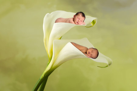 Innocent newborn babies sleeping inside a flower