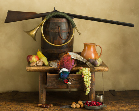Hunting still life with pheasant, fruit and hareの写真素材