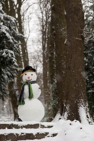 Snowman at the entrance to the park saying welcomeの写真素材