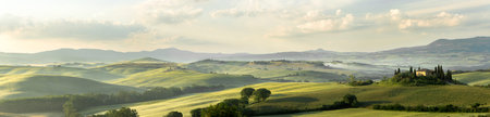Panoramic view of Belvedere house in the hills of Tuscany Italy in San Quirico d'Orciaの写真素材