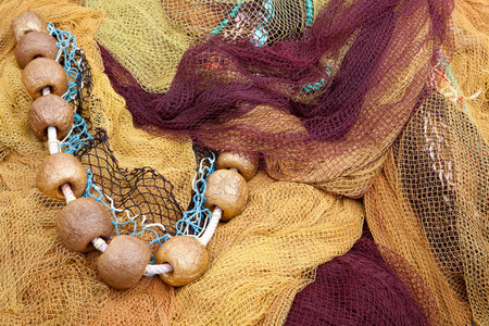 Colorful fishing nets in the port of Saint-Jean-de-Luz in Basque country in Franceの写真素材