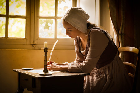 Vermeer style portrait of a young maid in renaissance costume writing a letter with a feather quillの写真素材