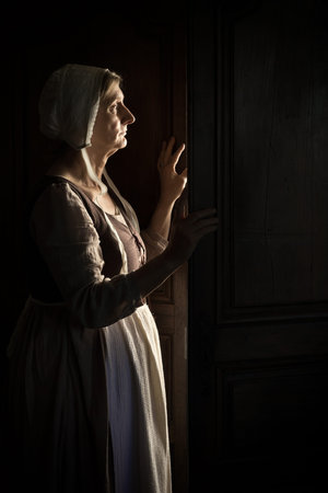 Woman waiting at the door in darkness