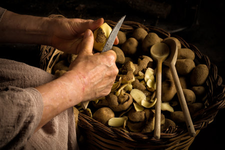 Renaissance old master portrait of female hands peeling potatoes at a fireplaceの写真素材