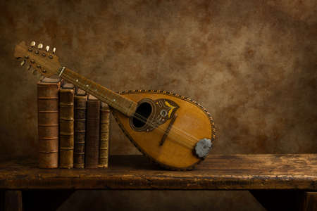 Beautiful old lute and antique books on a rustic old wooden shelf.の写真素材