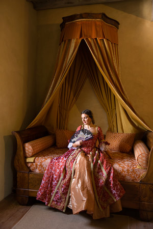 Renaissance lady in late medieval gown sitting on a beautiful canopy bed in her castle bedroomの写真素材