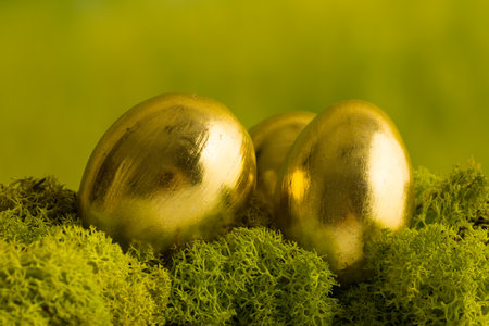 Three gold painted easter eggs on a mossy green backgroundの写真素材