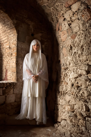 Female ghost wearing antique white nightgown wandering through an antique houseの写真素材