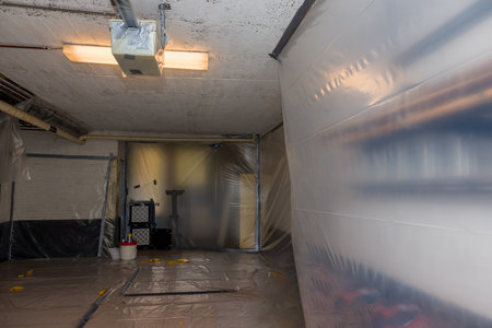 Asbestos removal works off heating pipes insultation going on in a basement with all walls covered in plastic and filtered air extraction to remove very fiberの写真素材