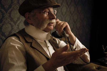 Lifestyle reenactment photo of a senior Victorian gentleman using an antique telephone