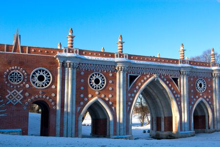 Fragment of bridge of gothic architecture in Tsaritsino museum and reserve park, Moscow の写真素材