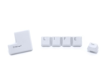 Birth, life and death metaphor - Enter, Escape, LIFE captions by keyboard keys の写真素材