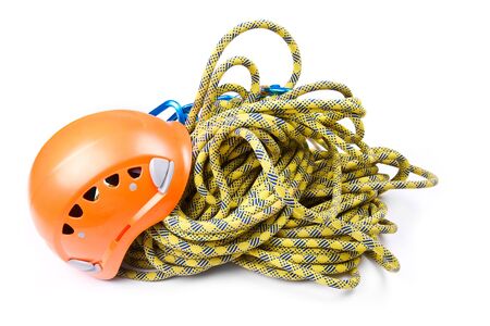 Rope access tools: hard hat, rope, carabinerの写真素材