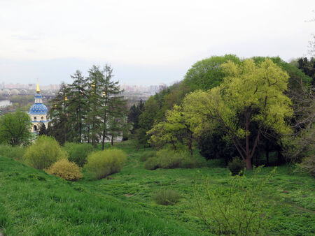a grasslend close  Vydubychi Monastery, April, 2014, Kyivのeditorial素材