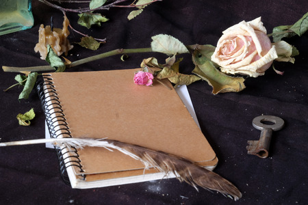 A notebook lies surrounded by dry roses, a candle, a vintage key and a feather.の写真素材