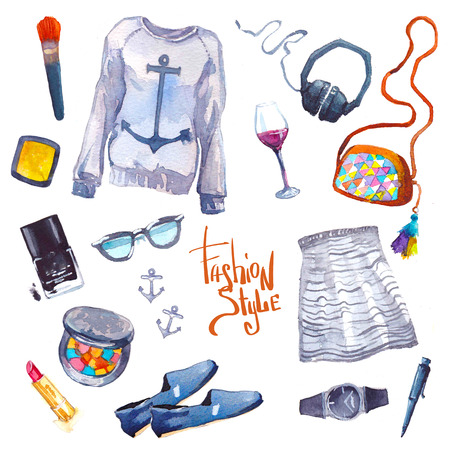Set of trendy look. Watercolor illustration clothesの写真素材