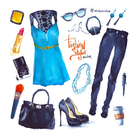 Set of trendy look. Watercolor illustration clothesのイラスト素材