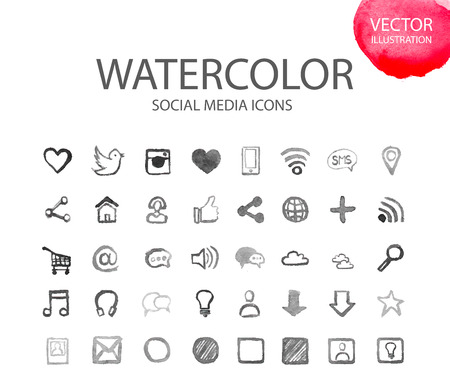 Social media, communication in the global computer networks Watercolor set of different school things. Alphabet with numbers and symbols.のイラスト素材