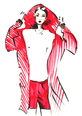 fashion sketch drawing girl. model beautiful young woman.の写真素材