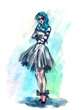 Watercolor fashion girl in blackdress with glasses on pink and violet backgroundの写真素材