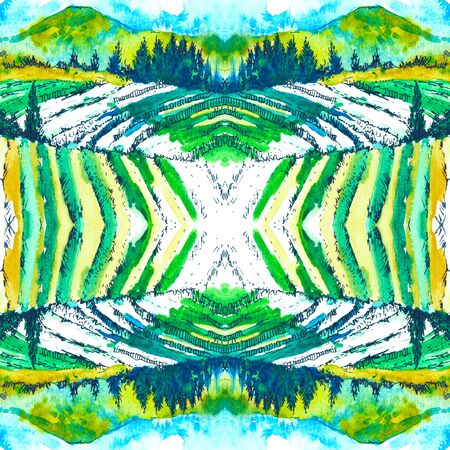 seamless pattern Watercolor landscape with hills, forest and field in green tones. Clear sunny day.の写真素材