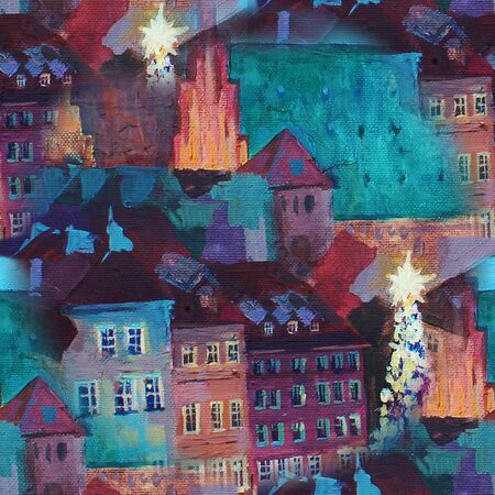 seamless abstract pattern Beautiful winter urban landscape old csquare and walking people . Europe. Oil painting on canvas.の写真素材