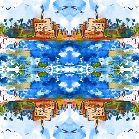 seamless pattern of landscape - Mediterranean Sea, Watercolor. Old townの写真素材