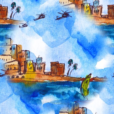 seamless pattern of landscape - Mediterranean Sea, Watercolor. Old townの写真素材