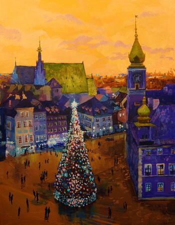 Beautiful winter urban landscape old csquare and walking people . Europe. Oil painting on canvas.の写真素材