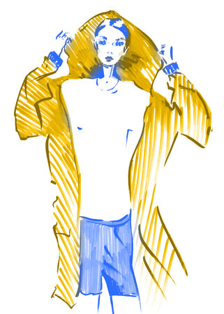 Ukraine yellow blue Watercolor Fashion girl in sketch-style. illustration.の写真素材