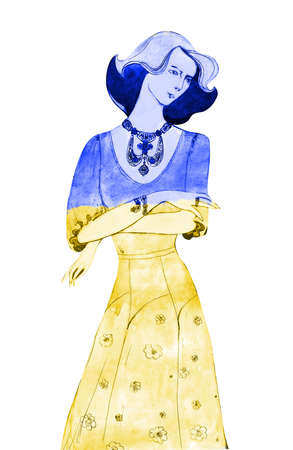 Ukraine yellow blue Watercolor. Elegant lady. Vintage llustration .watercolorの写真素材