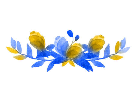 Ukrainian flowers. yellow blue watercolors Colorful purple floral element with leaves and flowers,drawing watercolor.の写真素材