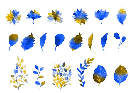 Ukrainian flowers. yellow blue Flowers and leaves. Watercolor illustration.の写真素材