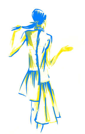 Beautiful Ukraine woman. yellow blue flag. Fashion girl in sketch-style.watercolor illustration.の写真素材