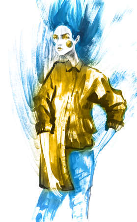 Beautiful Ukraine woman. yellow blue flag. Fashion girl in sketch-style.watercolor illustration.の写真素材
