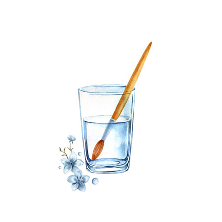 Isolated illustration with handmade artistic materials, brushes, paints, pencils, watercolorselements on a white background.の写真素材