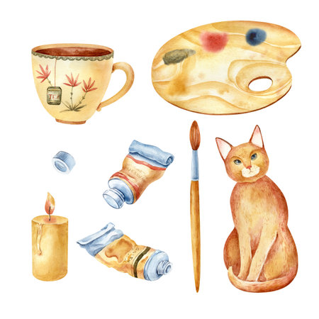 Isolated illustration with handmade artistic materials, brushes, paints, pencils, watercolorselements on a white background.の写真素材